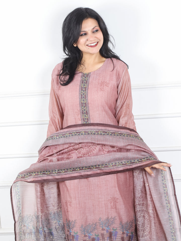 Kavish Mauve Blush Kolkata Hand Kantha work Madhubani Printed Chanderi 3 Piece Set