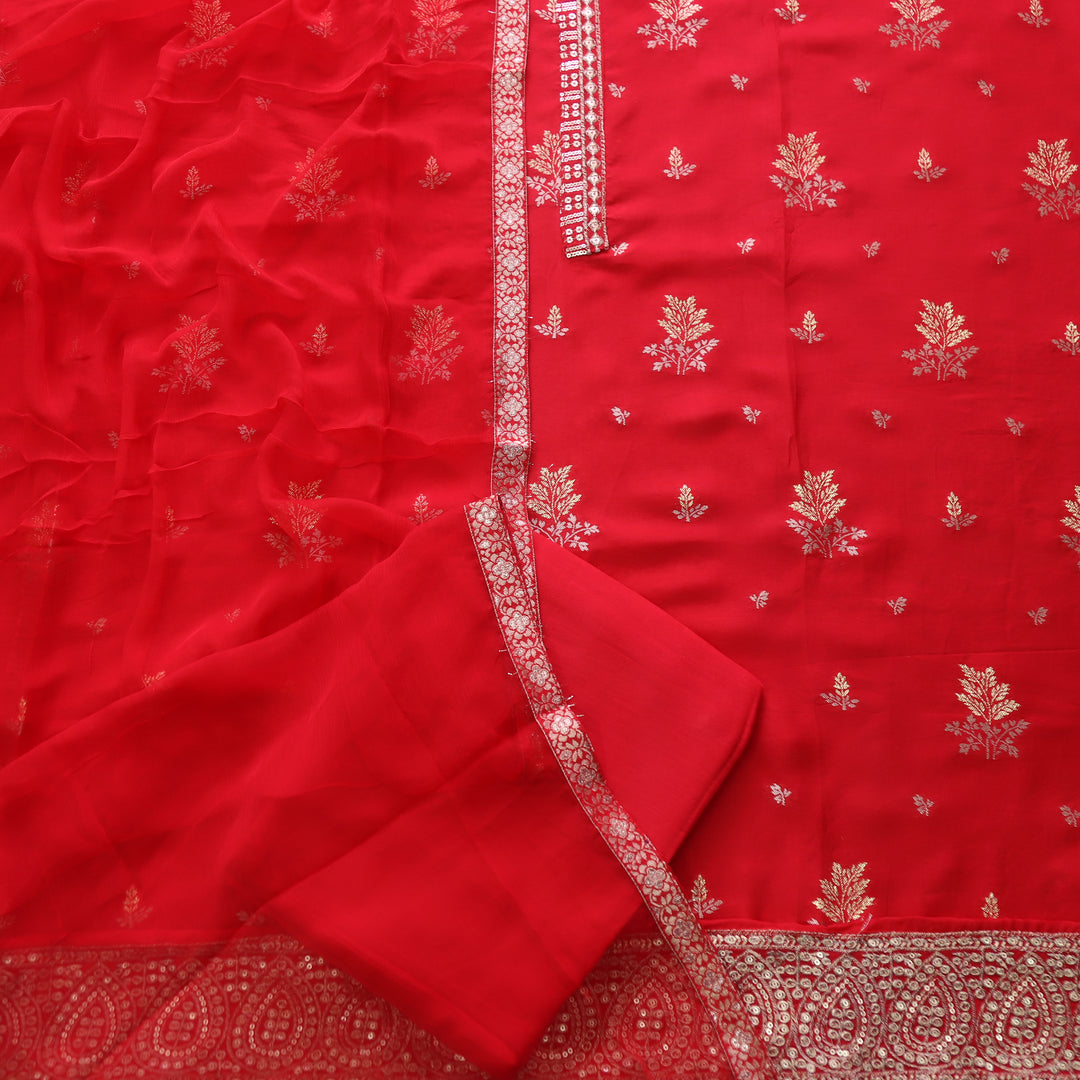 Hassmuk Bride Red All Over Embellished Work Dola Silk Suit Set
