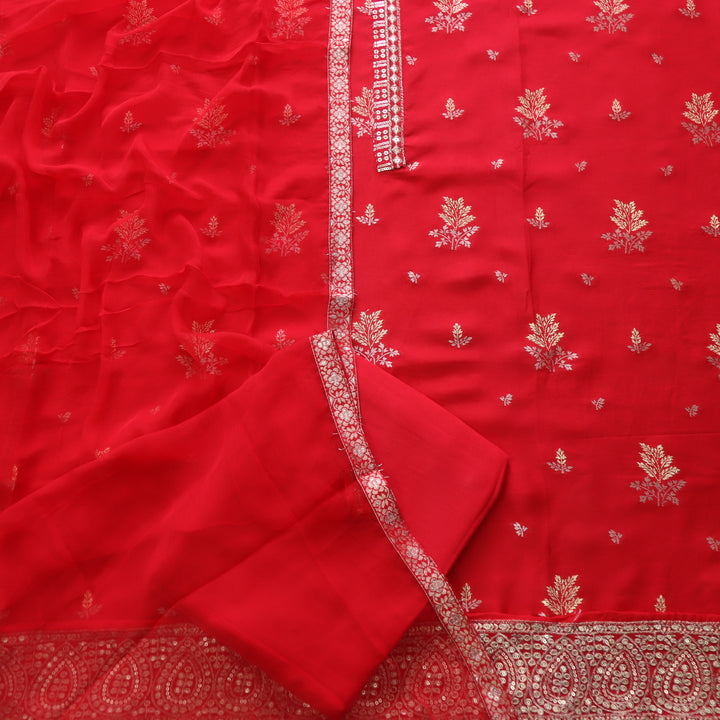 Hassmuk Bride Red All Over Embellished Work Dola Silk Suit Set