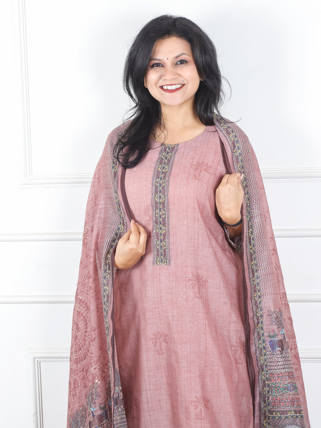 Kavish Mauve Blush Kolkata Hand Kantha work Madhubani Printed Chanderi 3 Piece Set