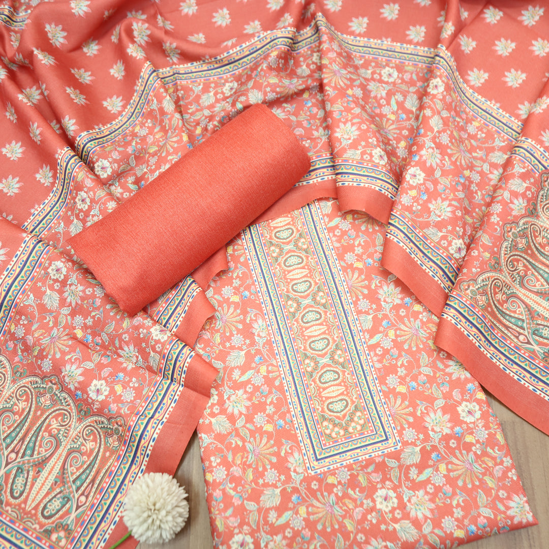 Kashmira Coral Pumpkin Digital Floral Printed Semi Pashmina Winter Set