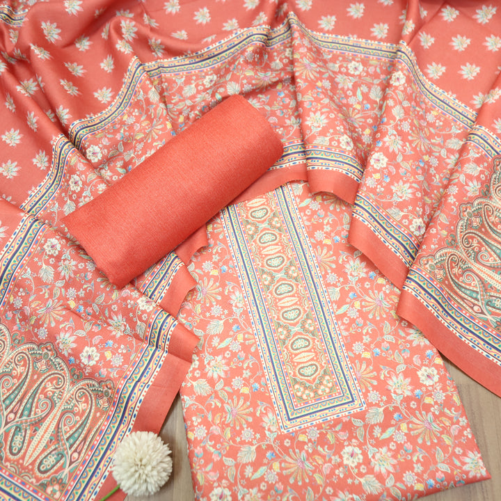 Kashmira Coral Pumpkin Digital Floral Printed Semi Pashmina Winter Set