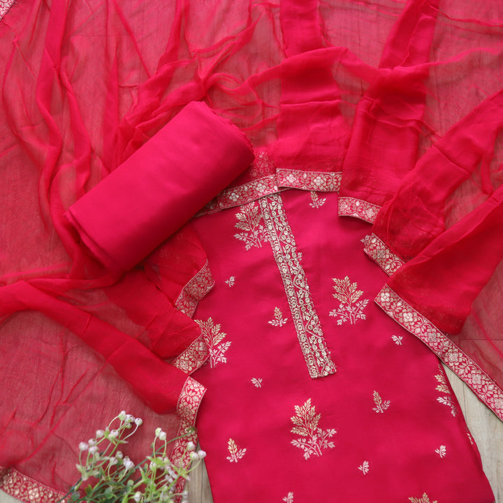 Hassmuk Hot Pink All Over Embellished Work Dola Silk Suit Set