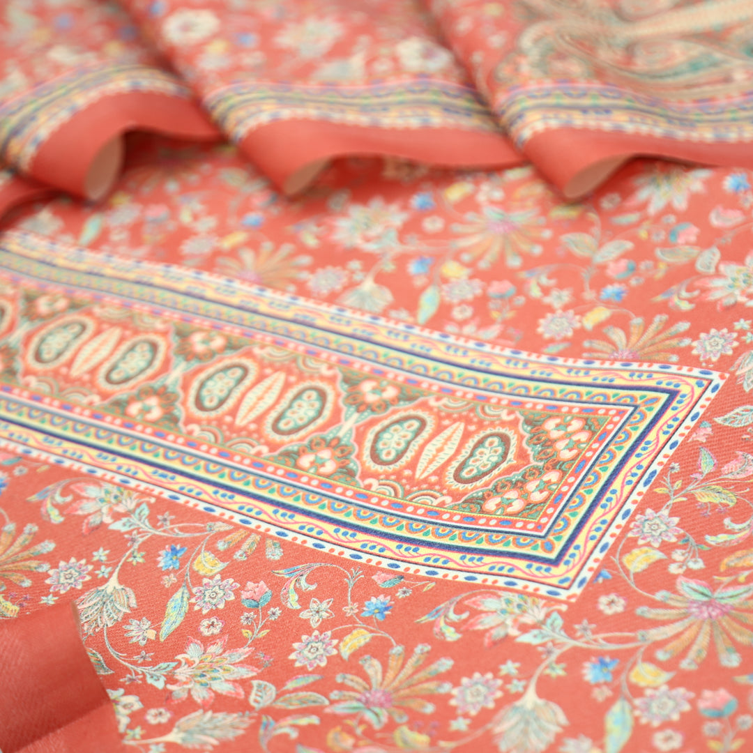 Kashmira Coral Pumpkin Digital Floral Printed Semi Pashmina Winter Set