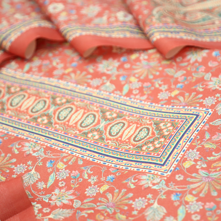 Kashmira Coral Pumpkin Digital Floral Printed Semi Pashmina Winter Set