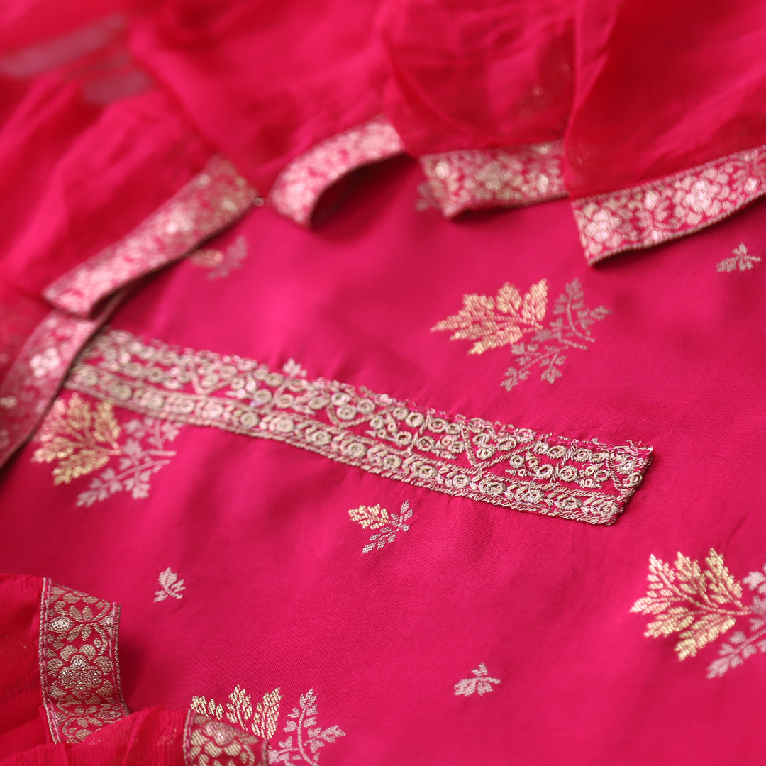 Hassmuk Hot Pink All Over Embellished Work Dola Silk Suit Set