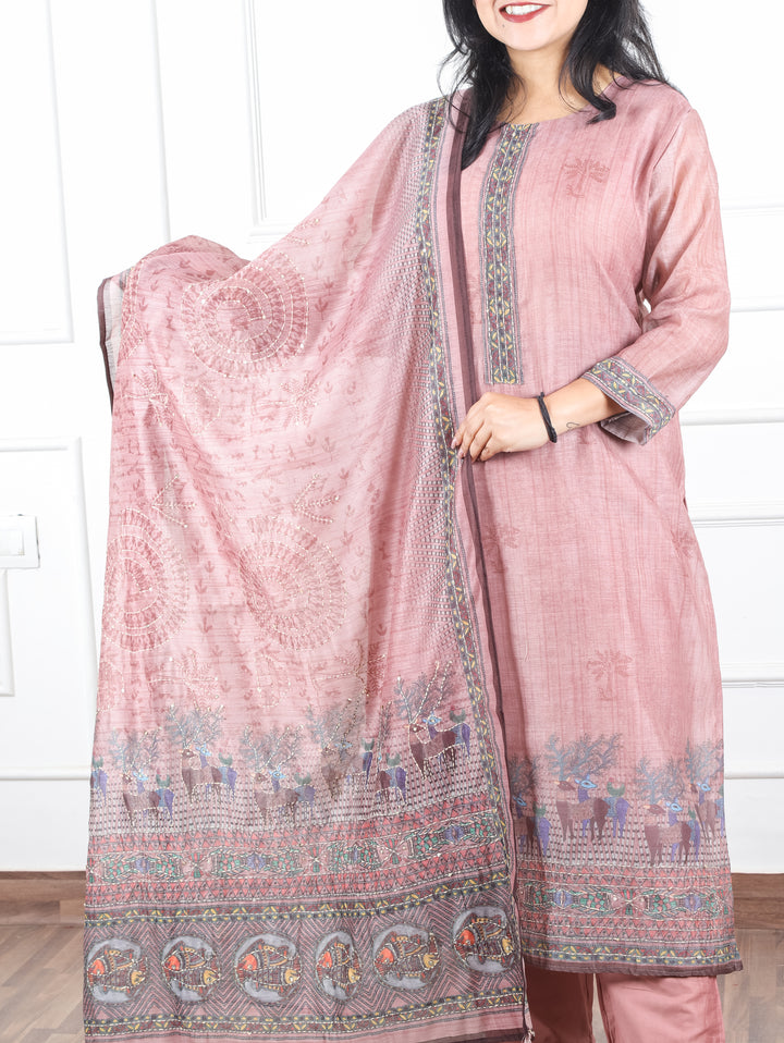 Kavish Mauve Blush Kolkata Hand Kantha work Madhubani Printed Chanderi 3 Piece Set