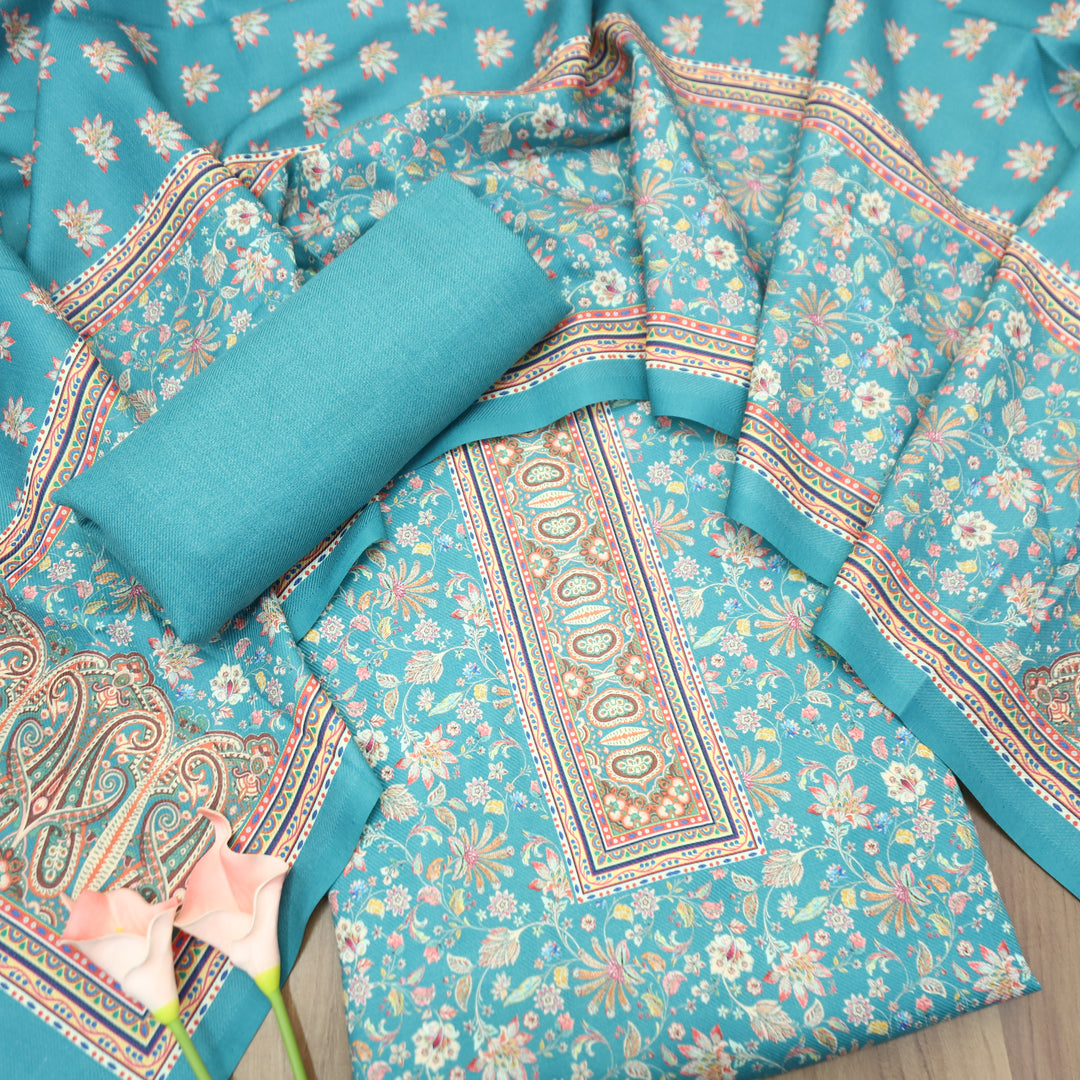 Kashmira Aqua Blue Digital Floral Printed Semi Pashmina Winter Set