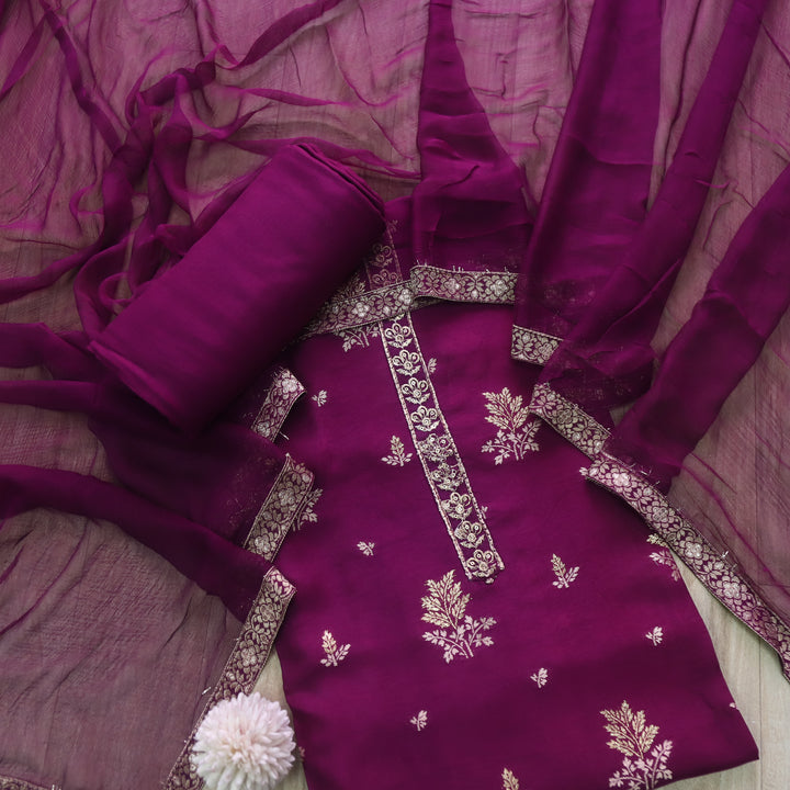 Hassmuk Eggplant Purple All Over Embellished Work Dola Silk Suit Set