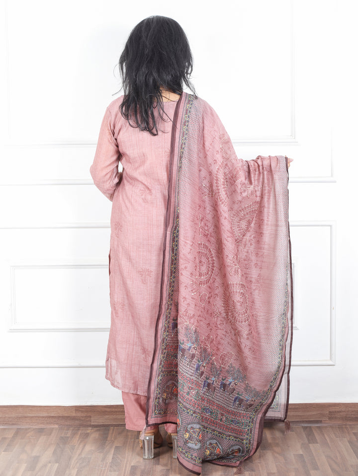 Kavish Mauve Blush Kolkata Hand Kantha work Madhubani Printed Chanderi 3 Piece Set