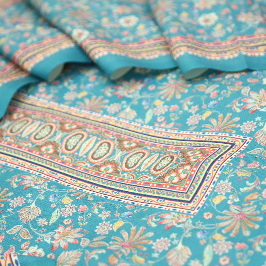 Kashmira Aqua Blue Digital Floral Printed Semi Pashmina Winter Set