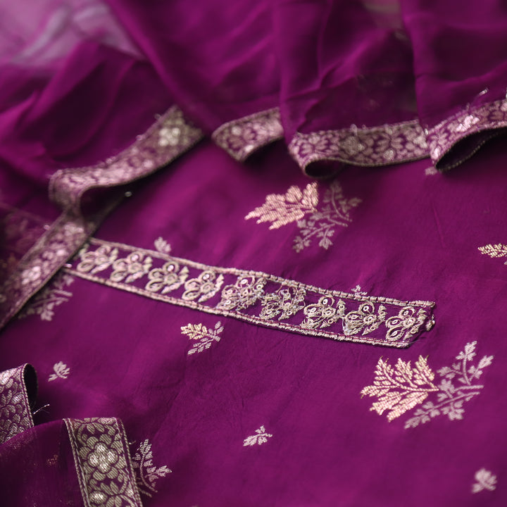 Hassmuk Eggplant Purple All Over Embellished Work Dola Silk Suit Set