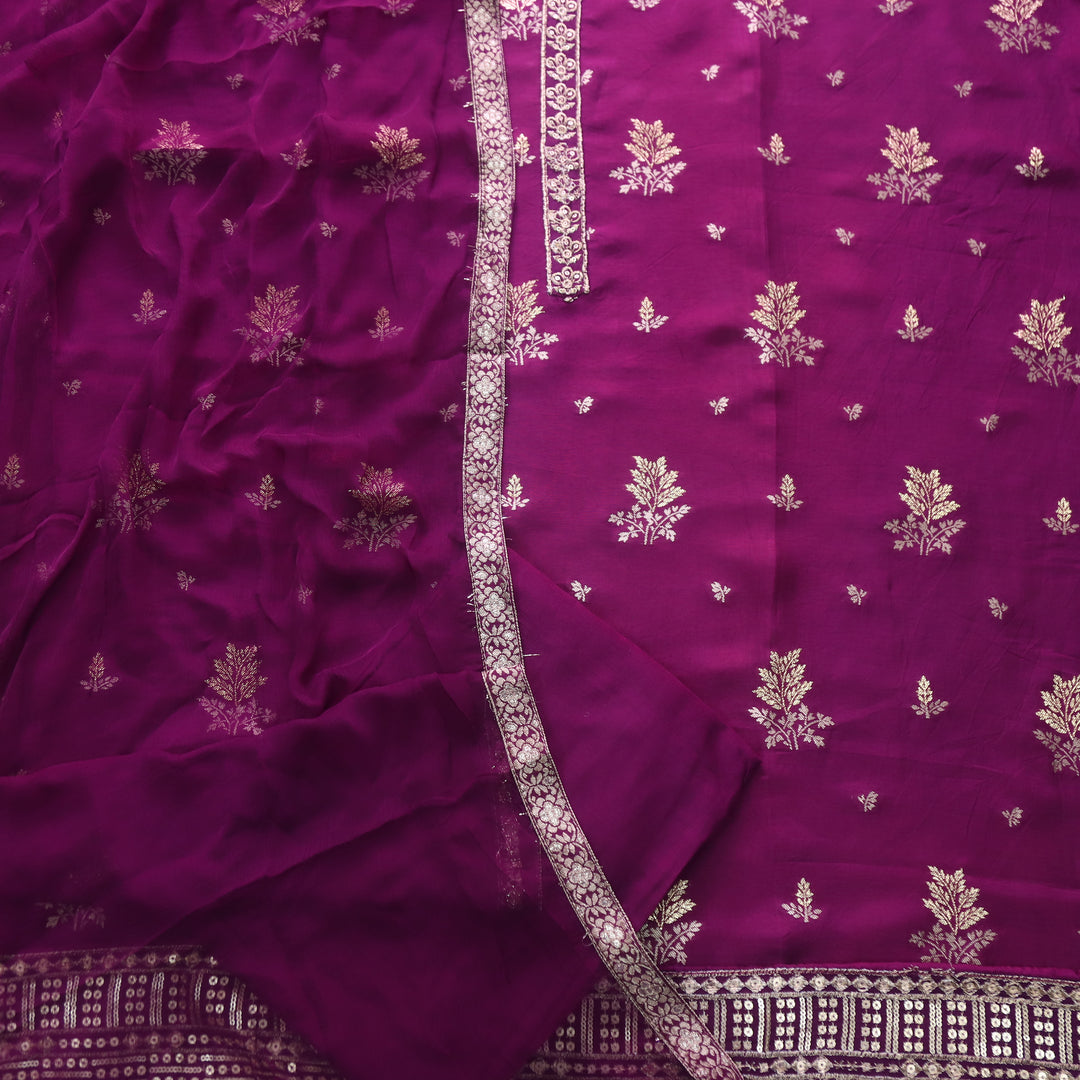 Hassmuk Eggplant Purple All Over Embellished Work Dola Silk Suit Set