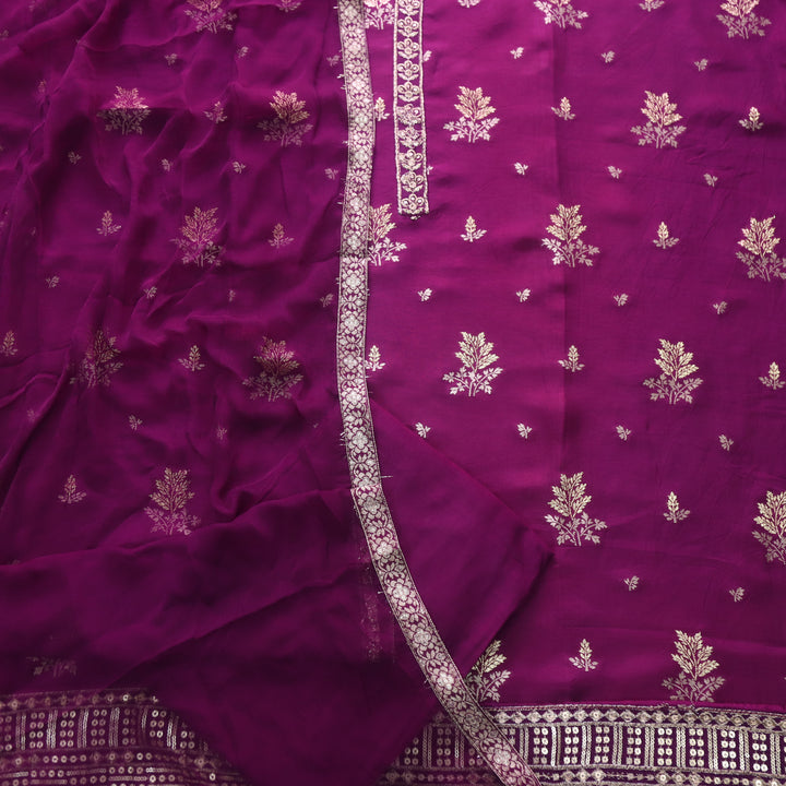 Hassmuk Eggplant Purple All Over Embellished Work Dola Silk Suit Set