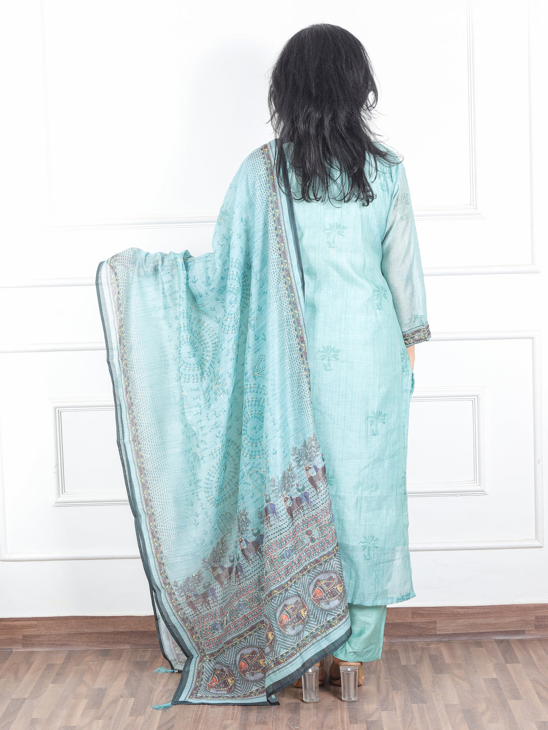 Kavish Crystel Aqua Kolkata Hand Kantha work Madhubani Printed Chanderi 3 Piece Set