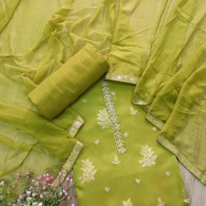 Hassmuk Parrot Green All Over Embellished Work Dola Silk Suit Set