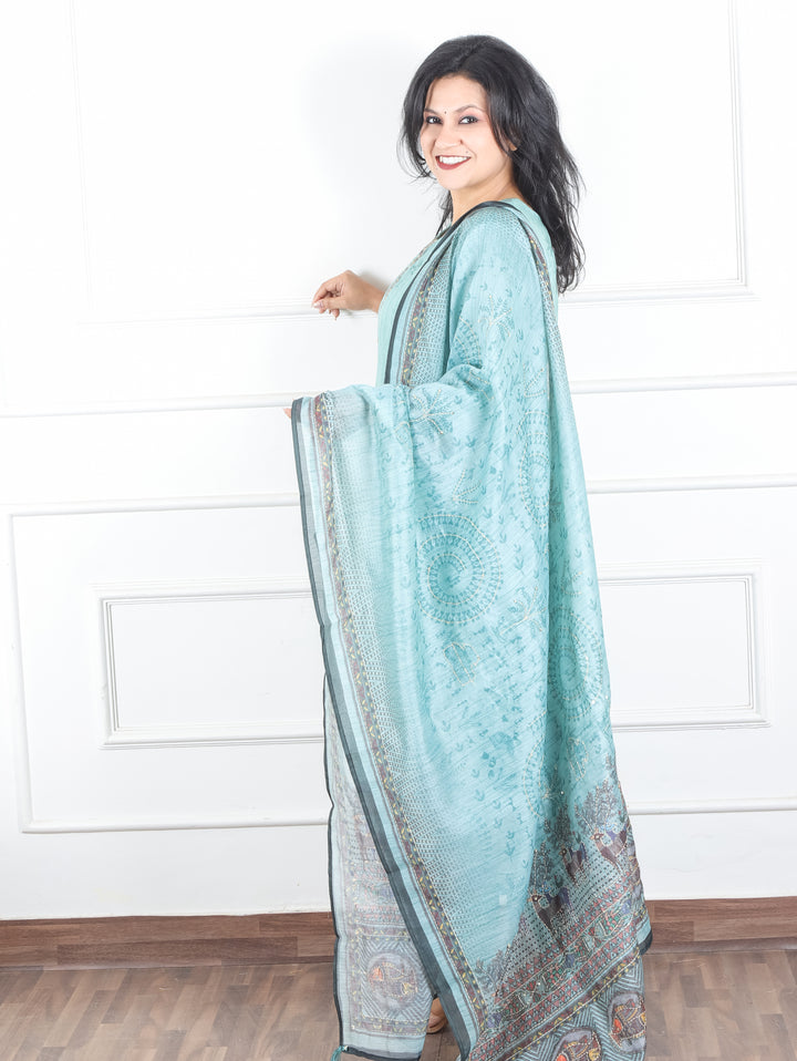 Kavish Crystel Aqua Kolkata Hand Kantha work Madhubani Printed Chanderi 3 Piece Set