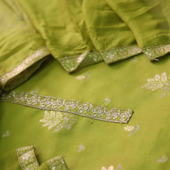 Hassmuk Parrot Green All Over Embellished Work Dola Silk Suit Set