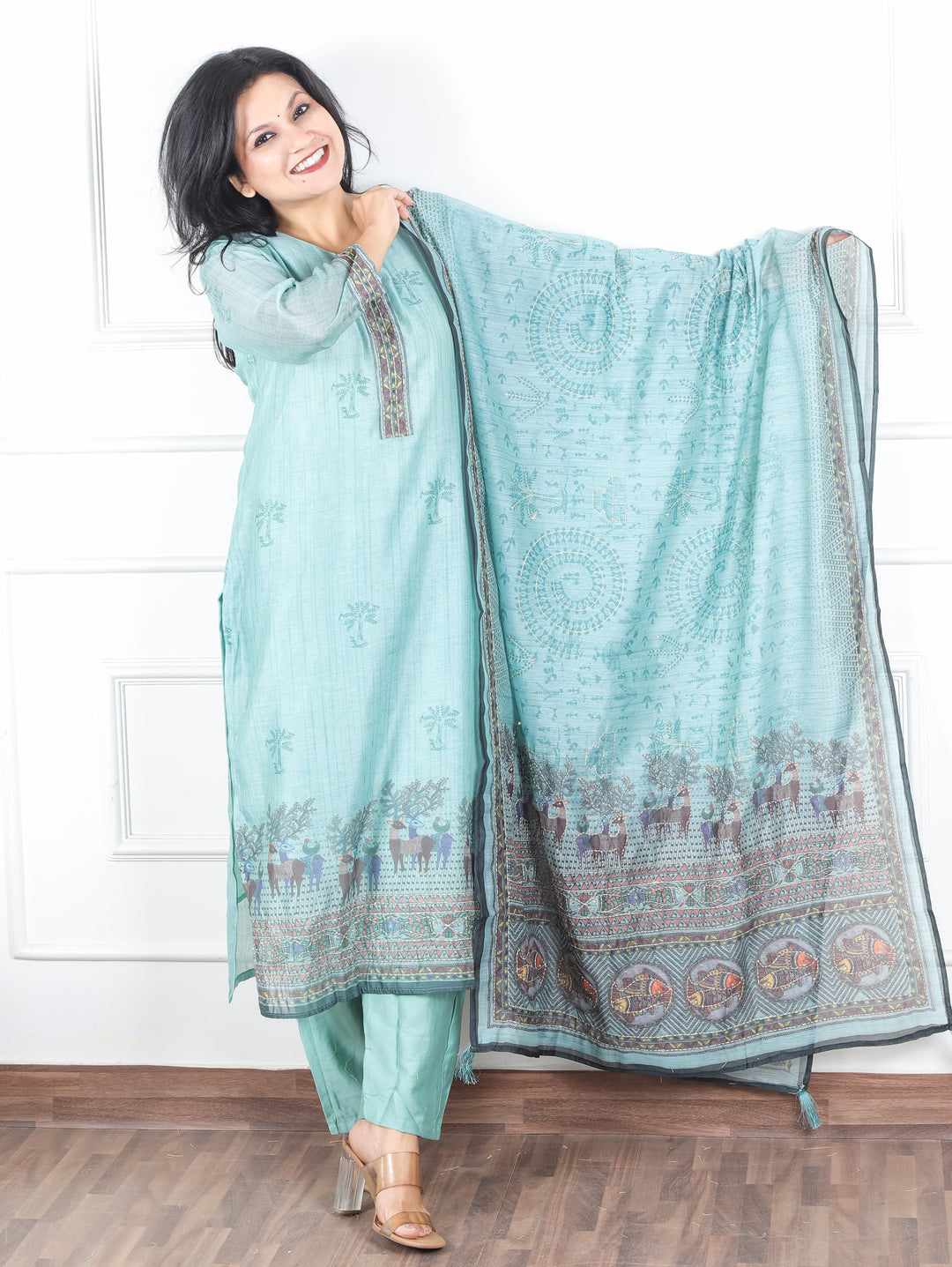 Kavish Crystel Aqua Kolkata Hand Kantha work Madhubani Printed Chanderi 3 Piece Set