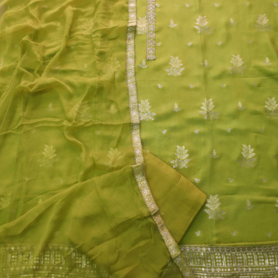 Hassmuk Parrot Green All Over Embellished Work Dola Silk Suit Set