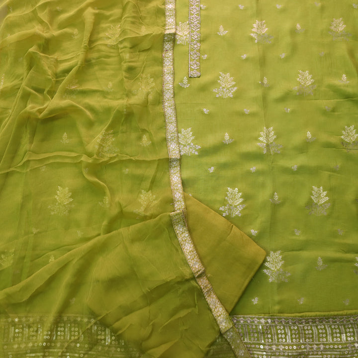 Hassmuk Parrot Green All Over Embellished Work Dola Silk Suit Set