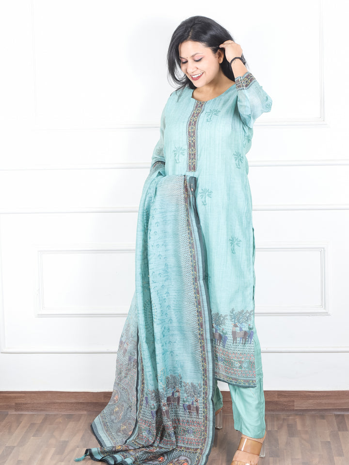 Kavish Crystel Aqua Kolkata Hand Kantha work Madhubani Printed Chanderi 3 Piece Set