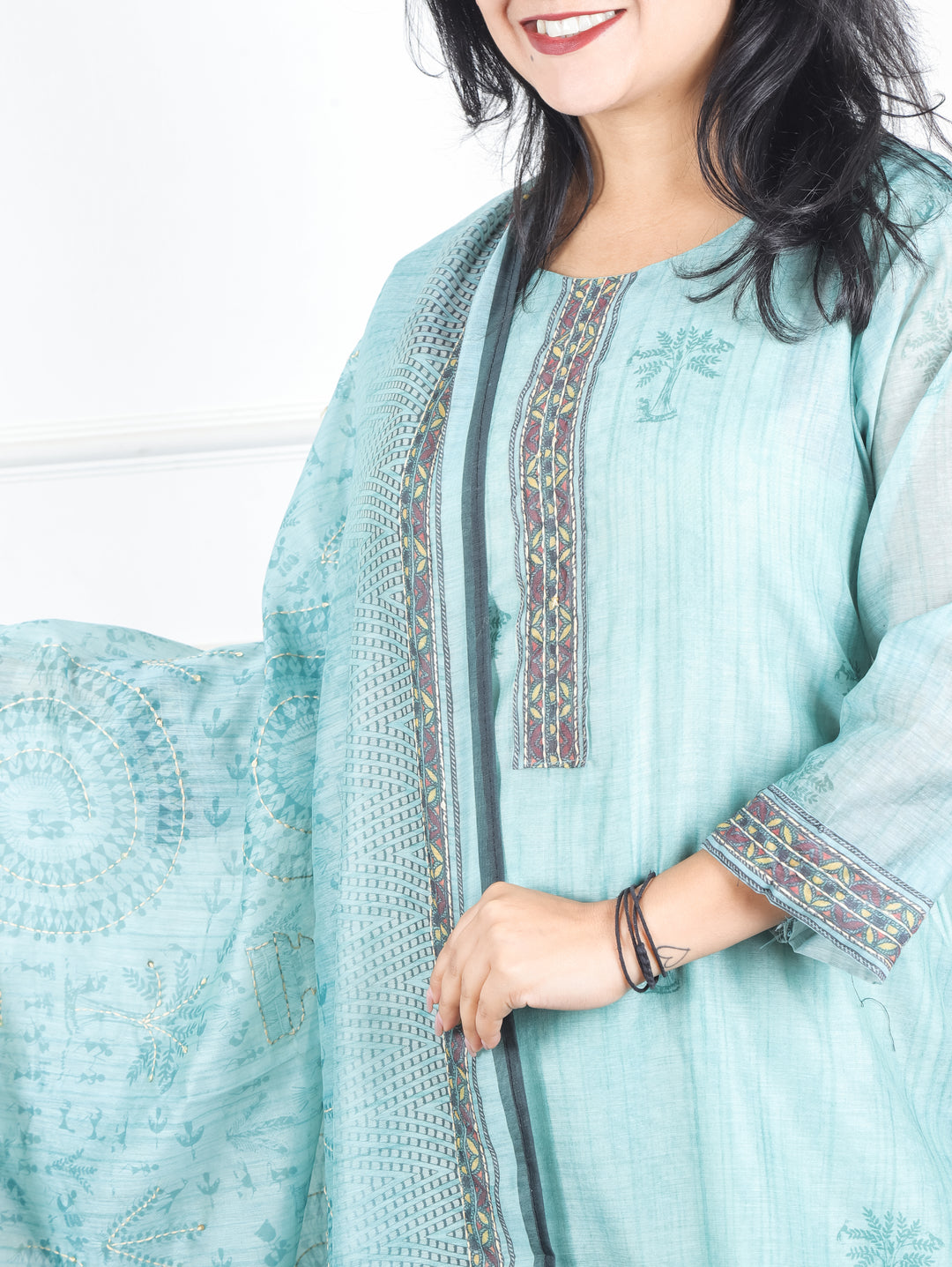 Kavish Crystel Aqua Kolkata Hand Kantha work Madhubani Printed Chanderi 3 Piece Set