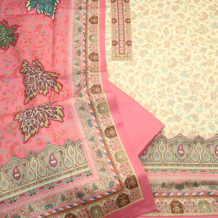 Aanapurna Shell White with Pink Floral Print Semi Pashmina Winter Set