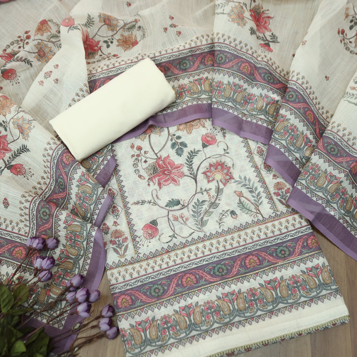 Chandni Off White Panel Digital Floral Printed with Zari Work Cotton Linen Set