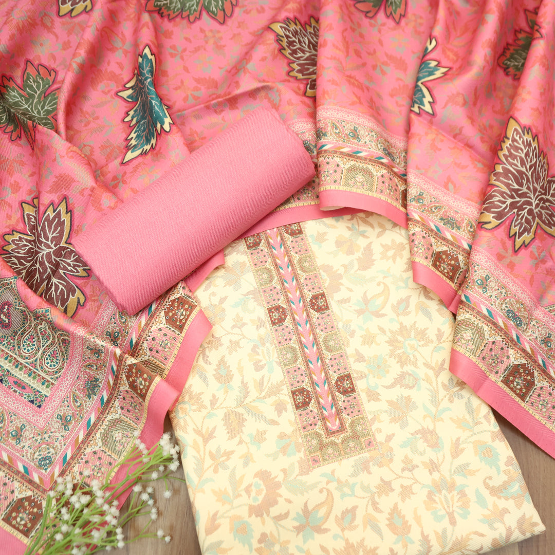 Aanapurna Shell White with Pink Floral Print Semi Pashmina Winter Set