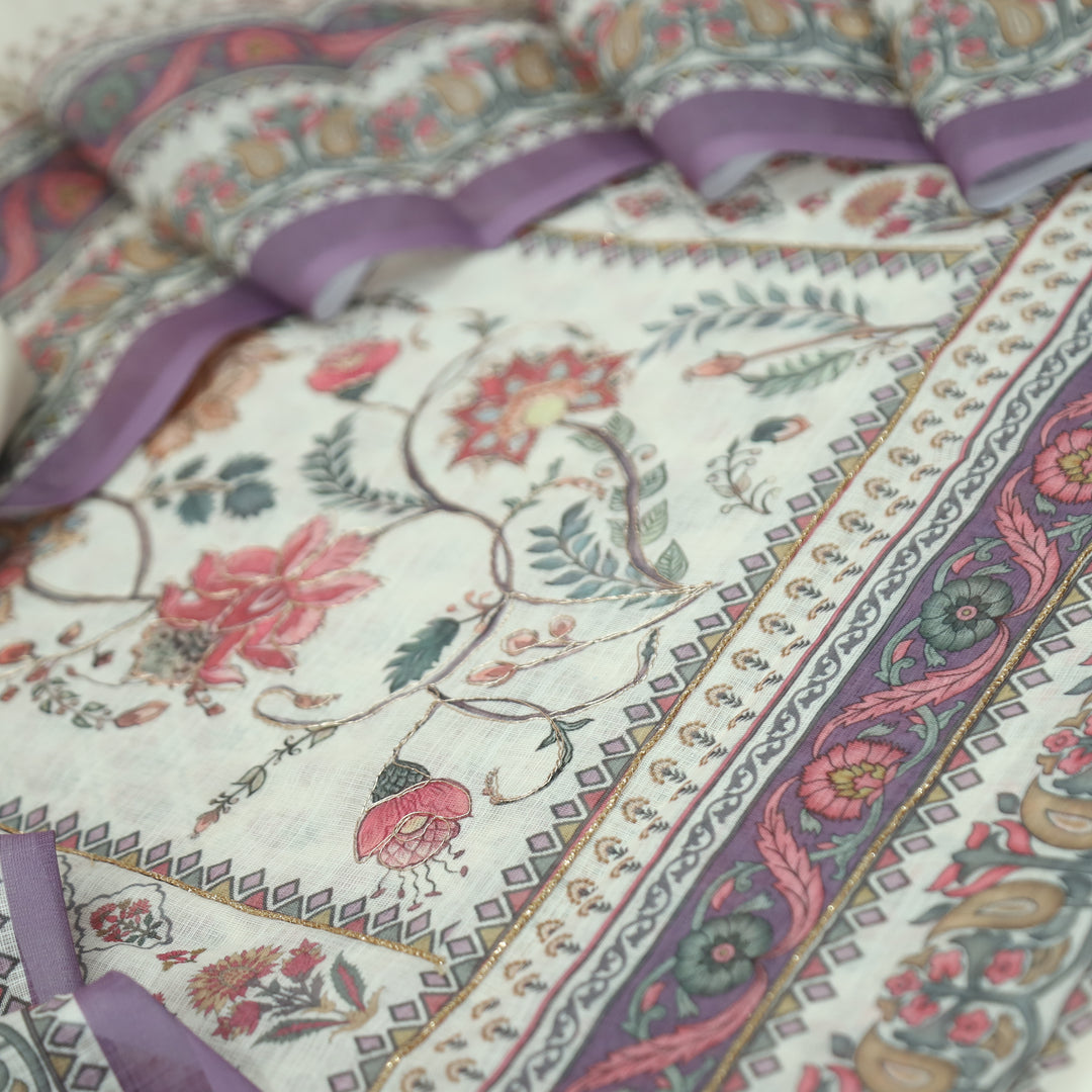 Chandni Off White Panel Digital Floral Printed with Zari Work Cotton Linen Set