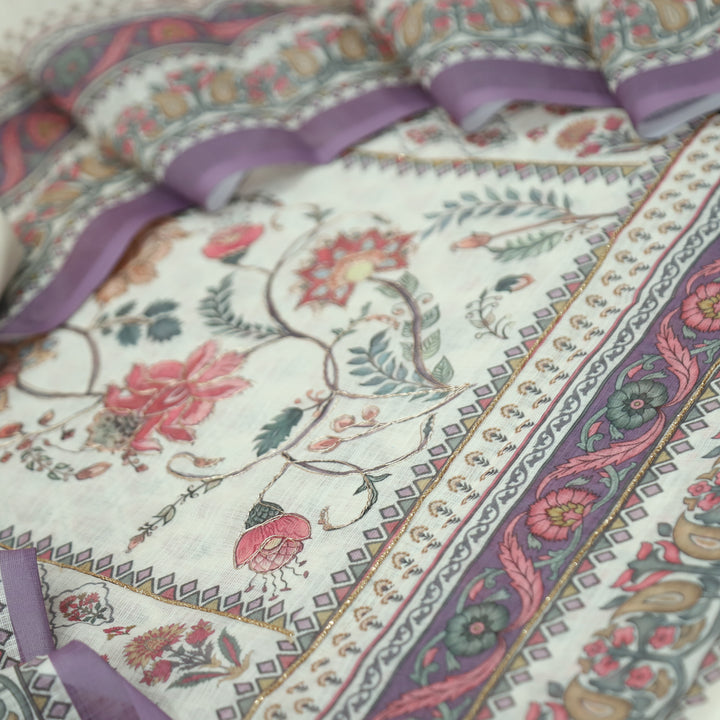 Chandni Off White Panel Digital Floral Printed with Zari Work Cotton Linen Set