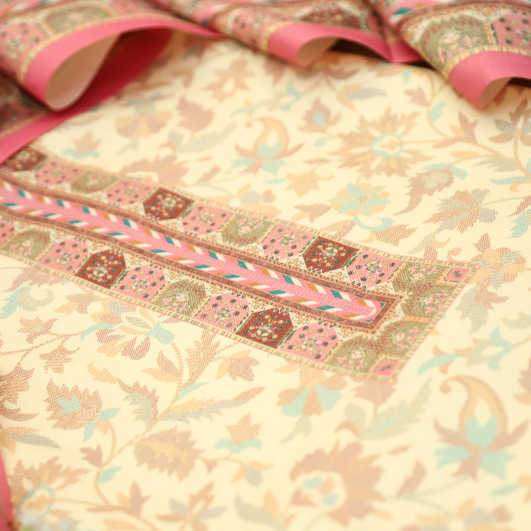 Aanapurna Shell White with Pink Floral Print Semi Pashmina Winter Set