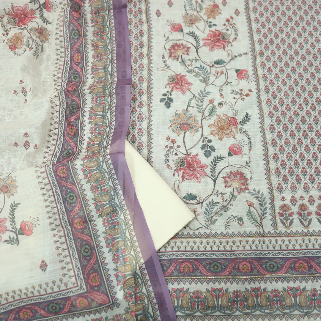 Chandni Off White Panel Digital Floral Printed with Zari Work Cotton Linen Set