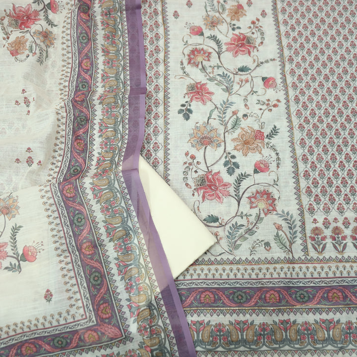 Chandni Off White Panel Digital Floral Printed with Zari Work Cotton Linen Set