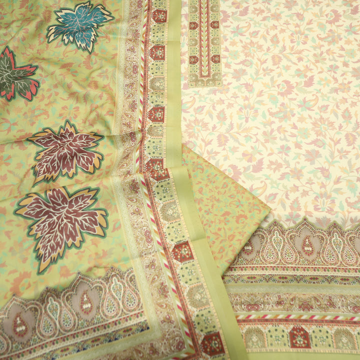 Aanapurna Shell White with Green Floral Print Semi Pashmina Winter Set