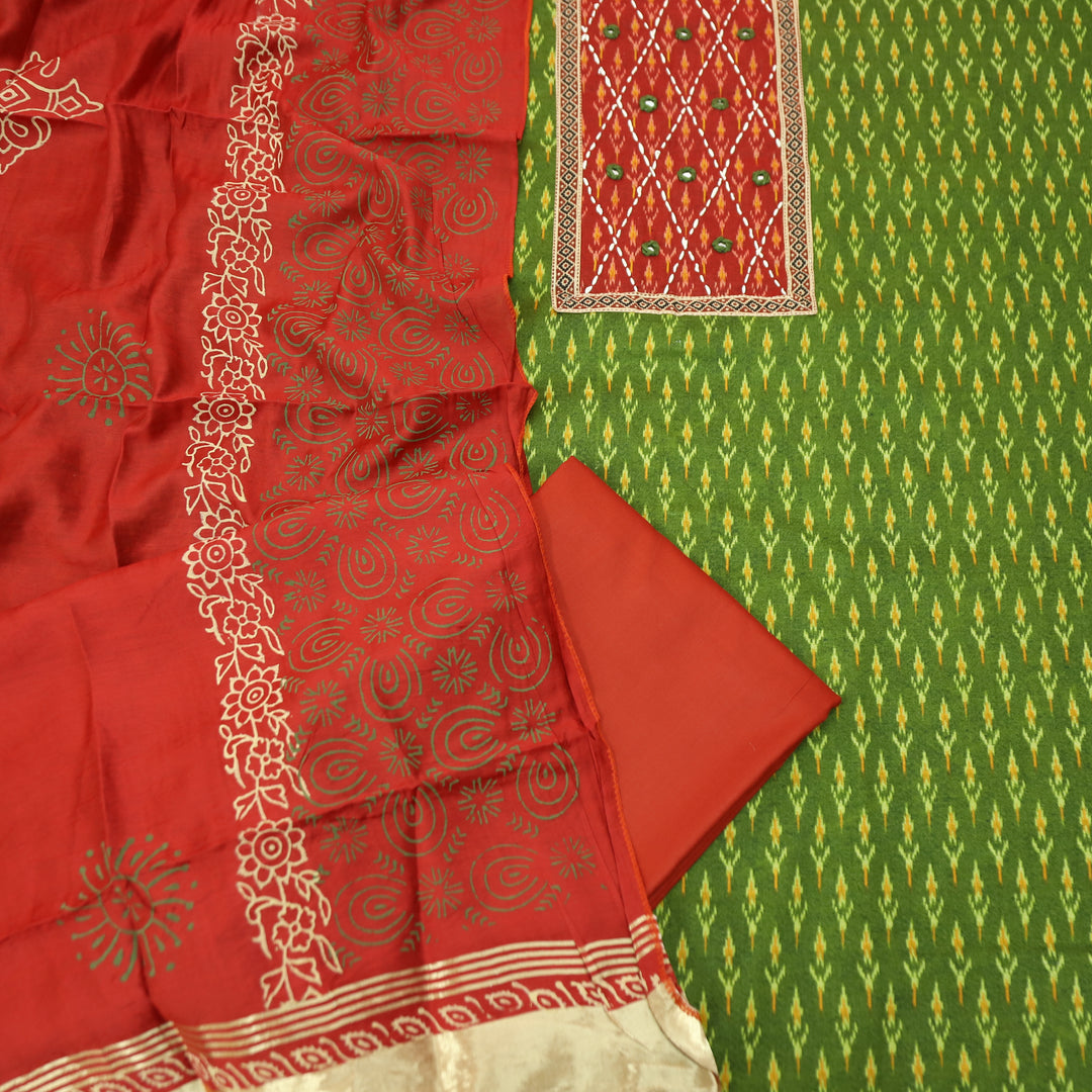 Rangroop Green with Red Thread with Mirror Yoke Ikkat Print Cotton Suit Set