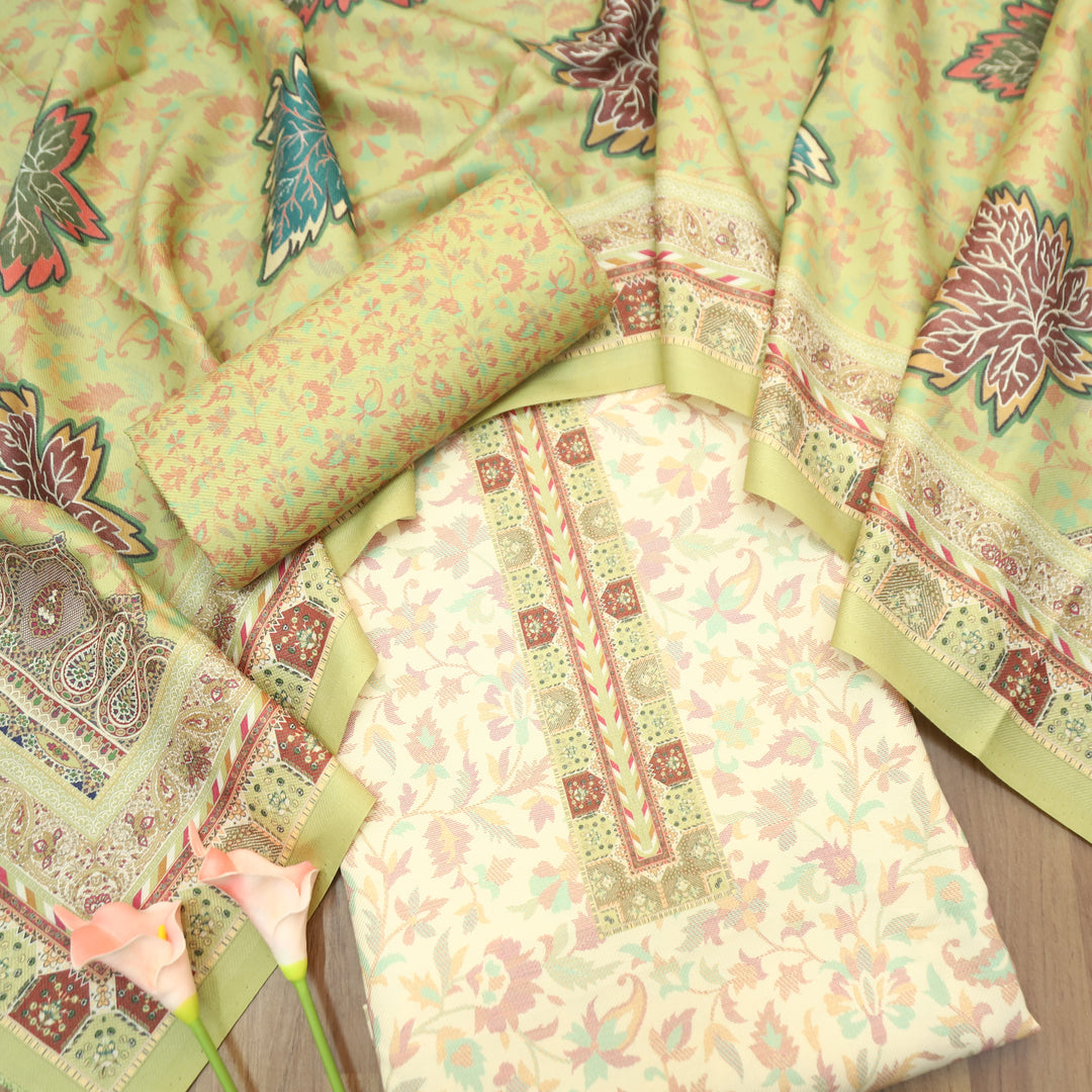 Aanapurna Shell White with Green Floral Print Semi Pashmina Winter Set