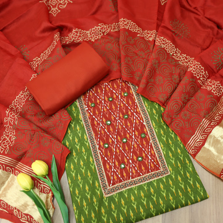 Rangroop Green with Red Thread with Mirror Yoke Ikkat Print Cotton Suit Set