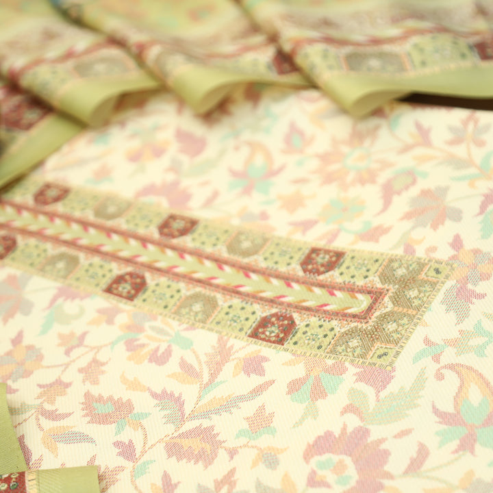 Aanapurna Shell White with Green Floral Print Semi Pashmina Winter Set
