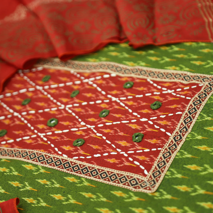 Rangroop Green with Red Thread with Mirror Yoke Ikkat Print Cotton Suit Set
