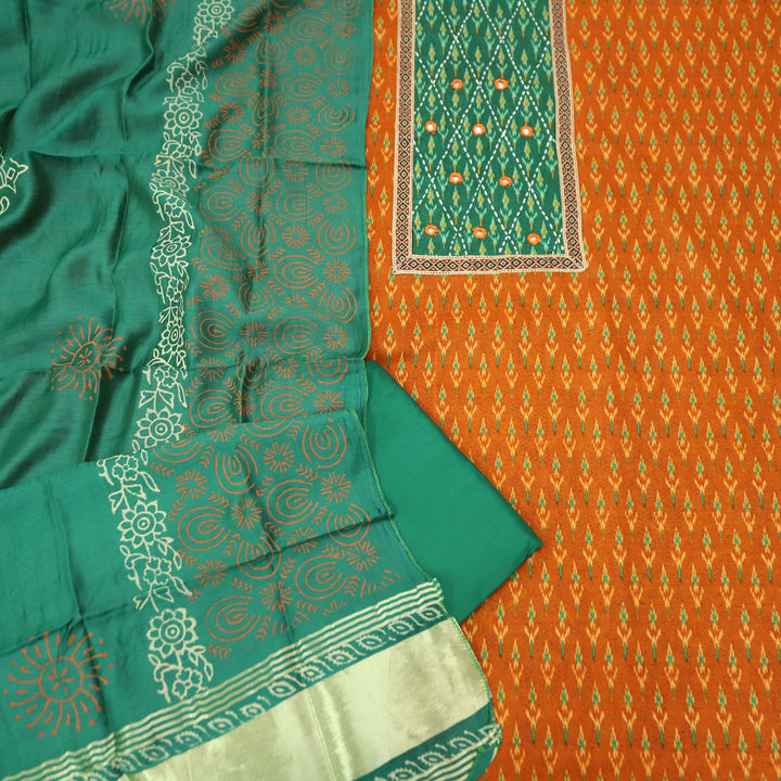 Rangroop Orange with Green Thread with Mirror Yoke Ikkat Print Cotton Suit Set