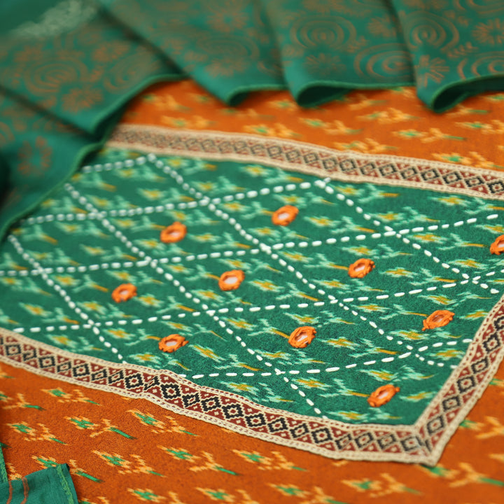 Rangroop Orange with Green Thread with Mirror Yoke Ikkat Print Cotton Suit Set