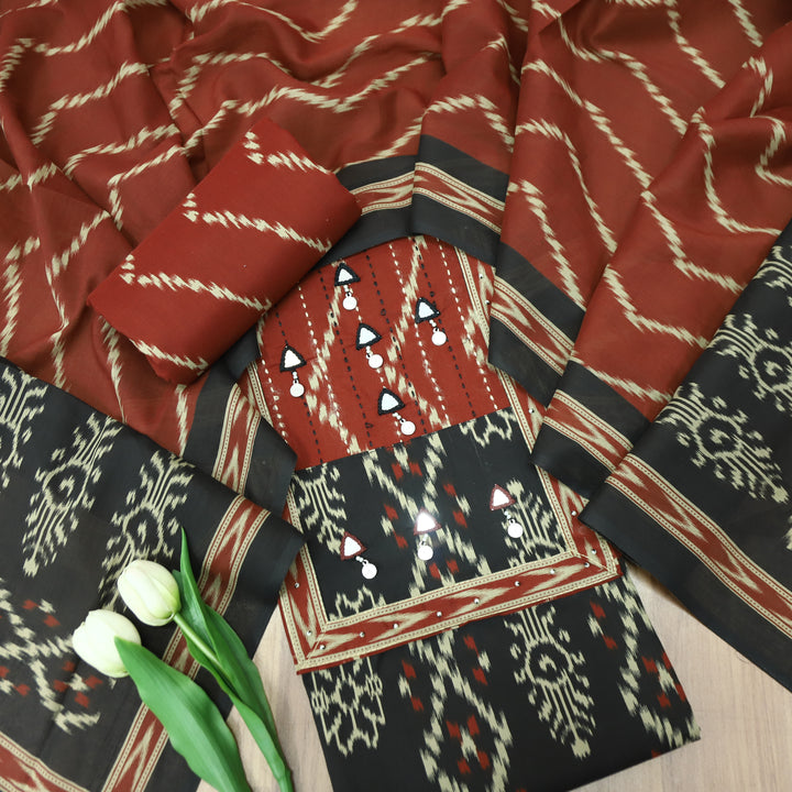 Raashi Black with Maroon Yoke wth Mirror and Coin Hanging Ikkat Print Cotton Set