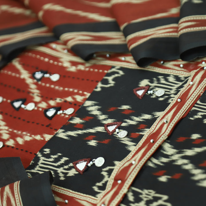 Raashi Black with Maroon Yoke wth Mirror and Coin Hanging Ikkat Print Cotton Set
