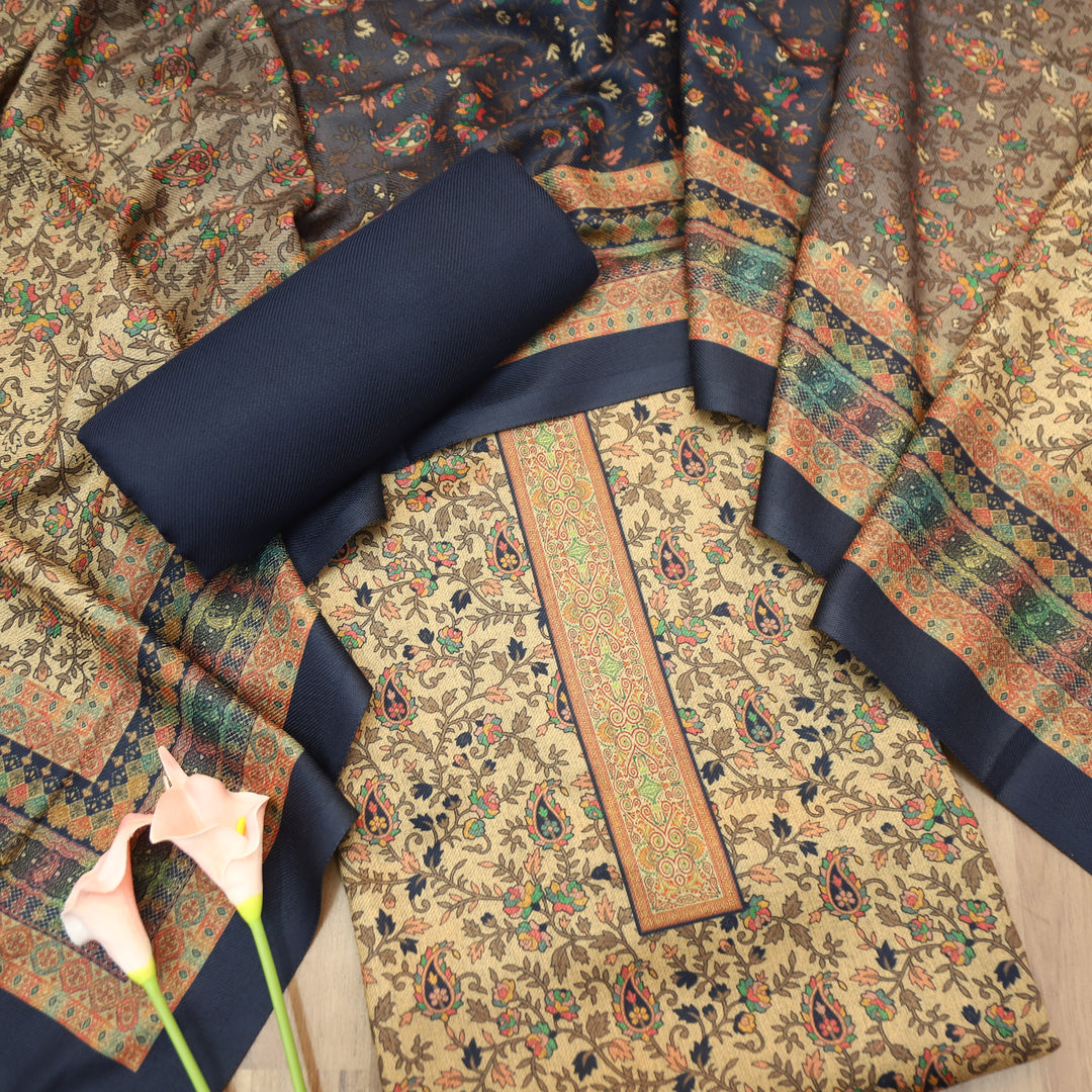 Kalyani Beige with Blue Kanni Floral Printed Semi Pashmina Winter Set