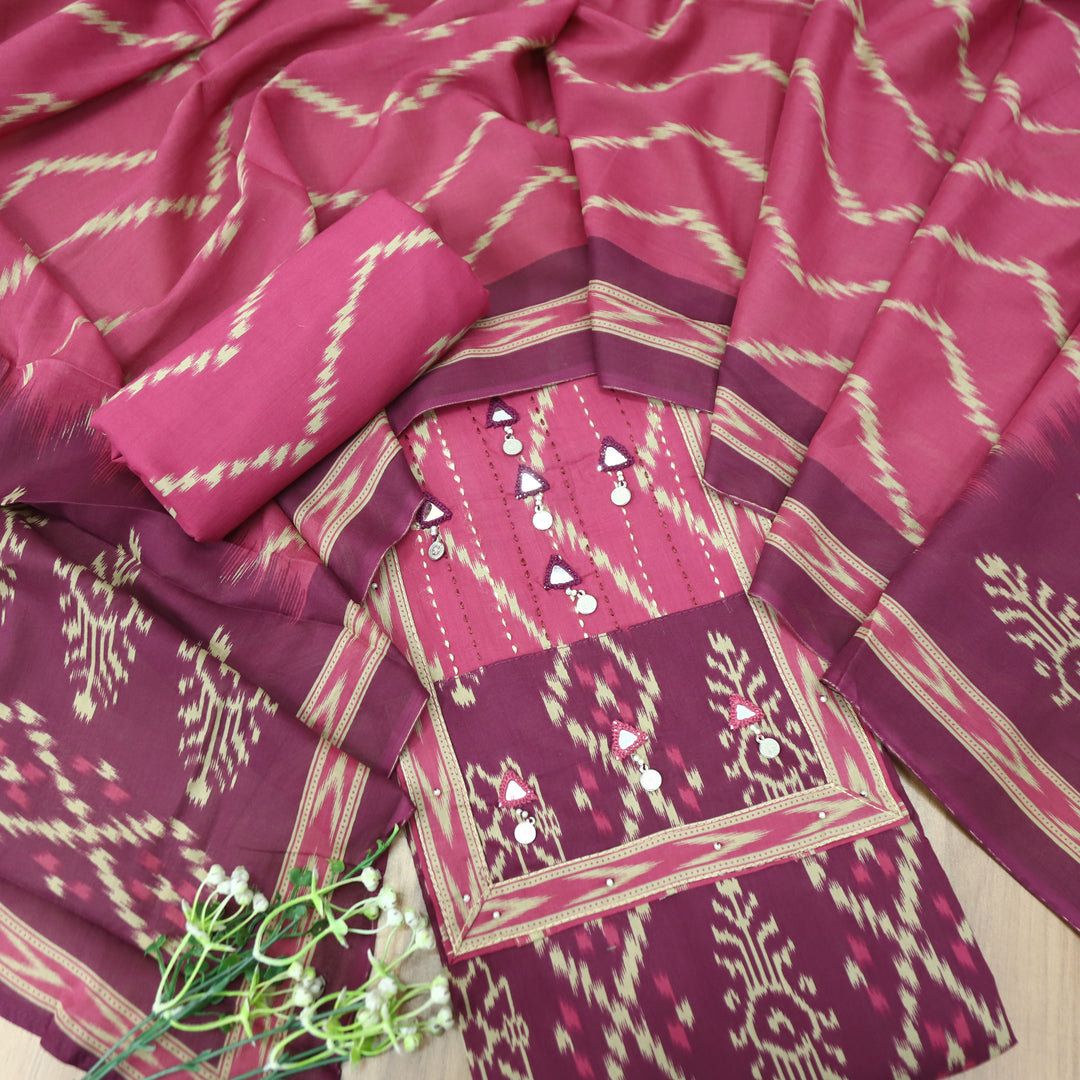 Raashi Purple with Pink Yoke wth Mirror and Coin Hanging Ikkat Print Cotton Set