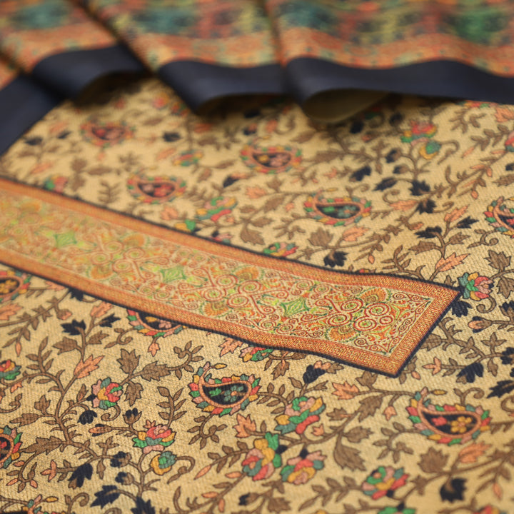 Kalyani Beige with Blue Kanni Floral Printed Semi Pashmina Winter Set
