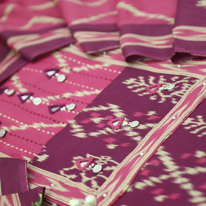 Raashi Purple with Pink Yoke wth Mirror and Coin Hanging Ikkat Print Cotton Set