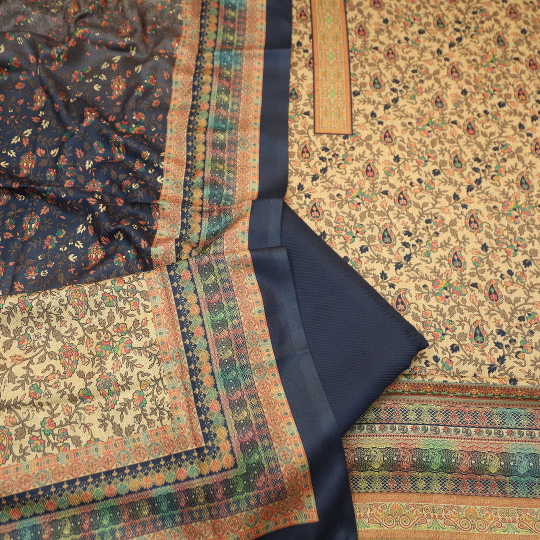 Kalyani Beige with Blue Kanni Floral Printed Semi Pashmina Winter Set